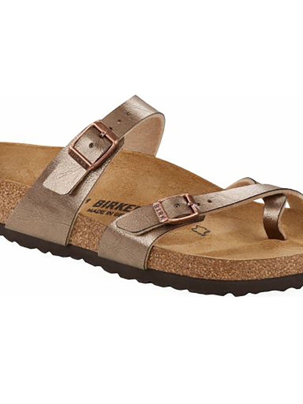 Birkenstock Metallic Rose Gold Strappy Toe-Loop Sandal with Buckles